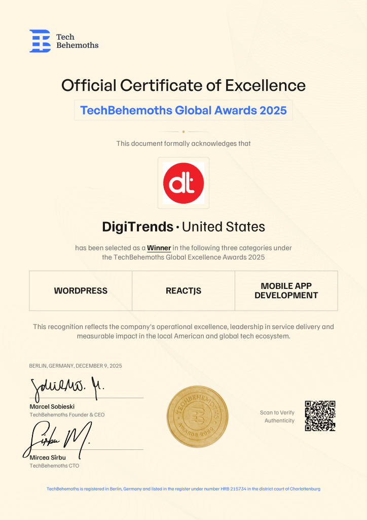 TechBehemoths officially certifies DigiTrends' 2025 Award achievement across the following service categories in the United States: